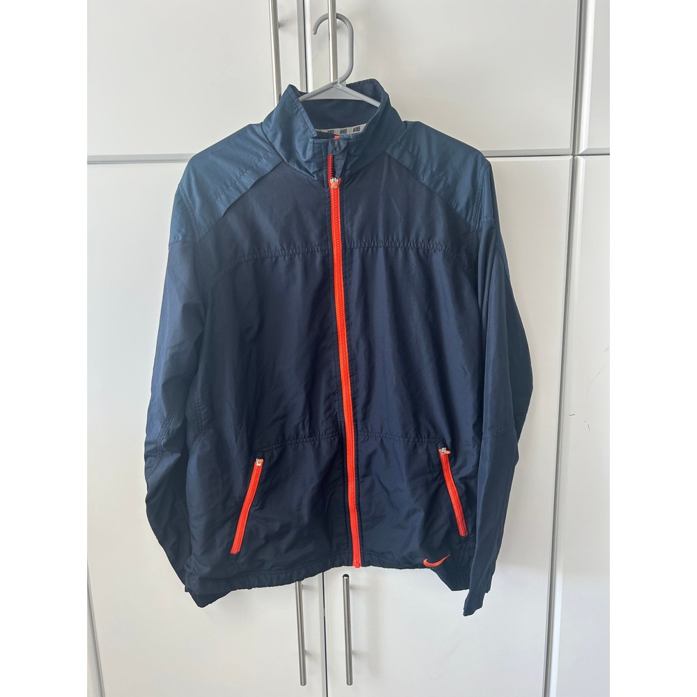 Nike Mens Navy Blue Orange Full Zip‎ Windbreaker Jacket Mesh Lined Size M